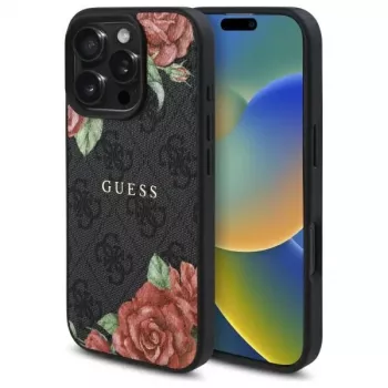 Guess GUHMP16LP4ROPEMCK Hardcase for Apple iPhone 16 Pro, 6,3 inch, Black, 4G Flowers Print, MagSafe