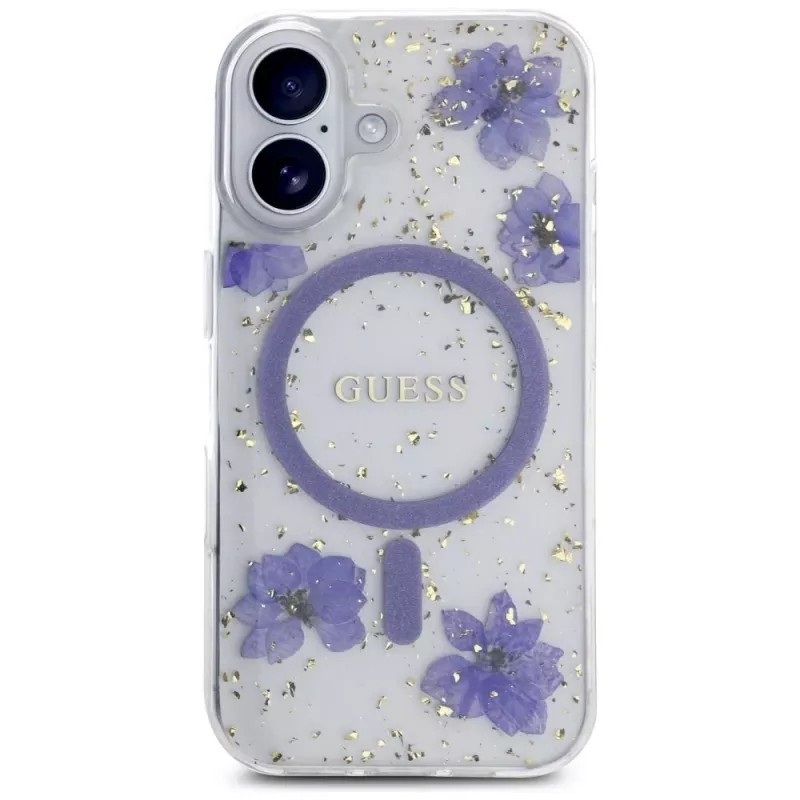 Guess Resin Flowers Glitter MagSafe Case for iPhone 16 Purple