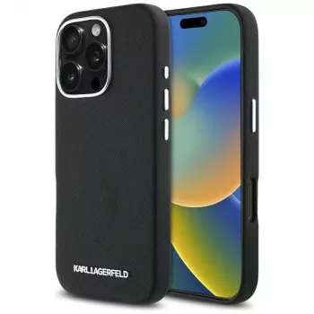 Karl Lagerfeld Saffiano Full Wrapped Elongated Metal Logo MacSafe Macītis iPhone 16 Pro Melns