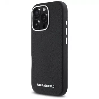 Karl Lagerfeld Saffiano Full Wrapped Elongated Metal Logo MacSafe Macītis iPhone 16 Pro Melns