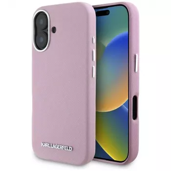 KARL LAGERFELD Saffiano Full Wrapped Elongated Metal Logo MacSafe Macīgs Apple iPhone 16 - Rozā