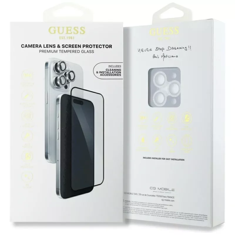 Guess BP Rhinestone 2-in-1 Screen and Camera Lens Protector Set for Apple iPhone 16 Pro Max - Silver
