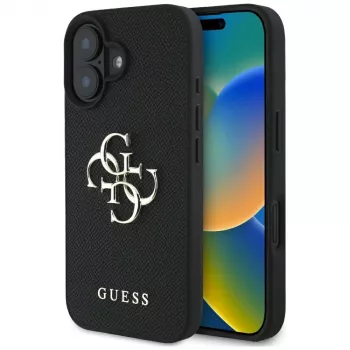 Guess Grained Big 4G Logo Small Classic Logo Case iPhone 16 (Melns)