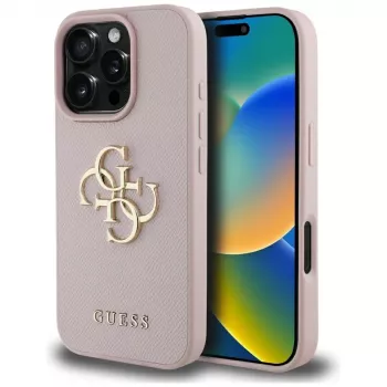 Guess Grained Big 4G Logo Small Classic Logo Back Cover for Apple iPhone 16 Pro (Rozā)