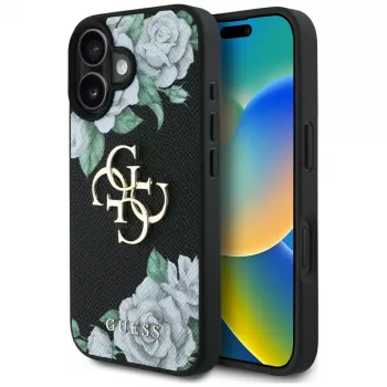 Guess Grained Roses Big 4G Logo Case for Apple iPhone 16, Black