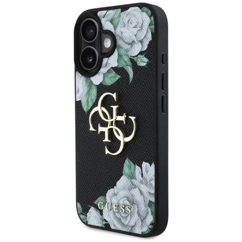 Guess Grained Roses Big 4G Logo Case for Apple iPhone 16, Black
