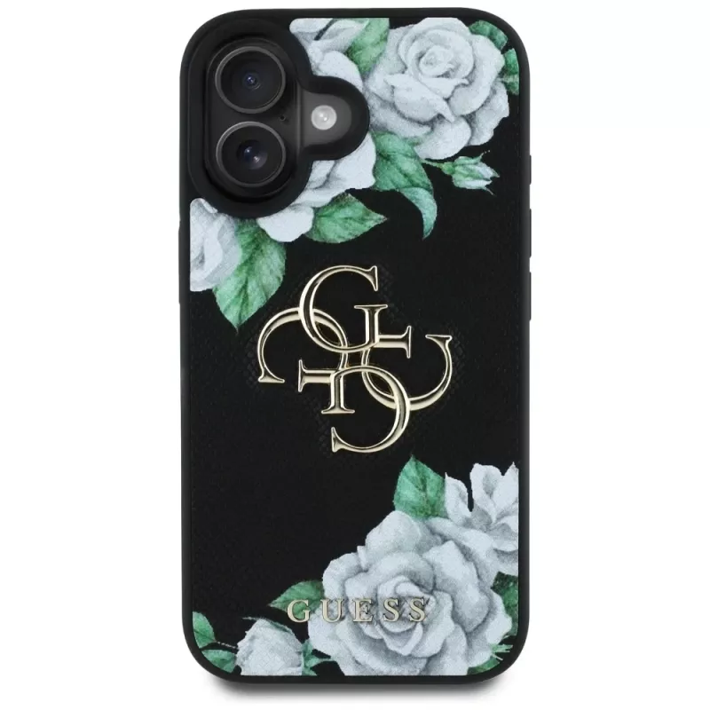 Guess Grained Roses Big 4G Logo Case for Apple iPhone 16, Black