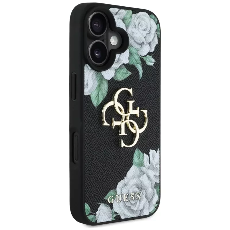 Guess Grained Roses Big 4G Logo Case for Apple iPhone 16, Black