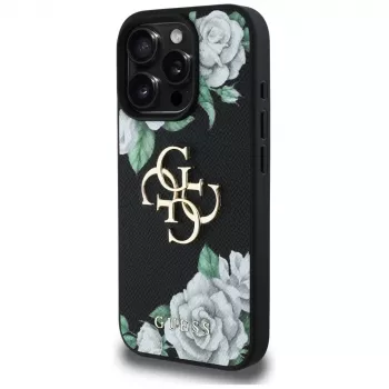 Guess Grained Roses Big 4G Logo Case for Apple iPhone 16 Pro, Black