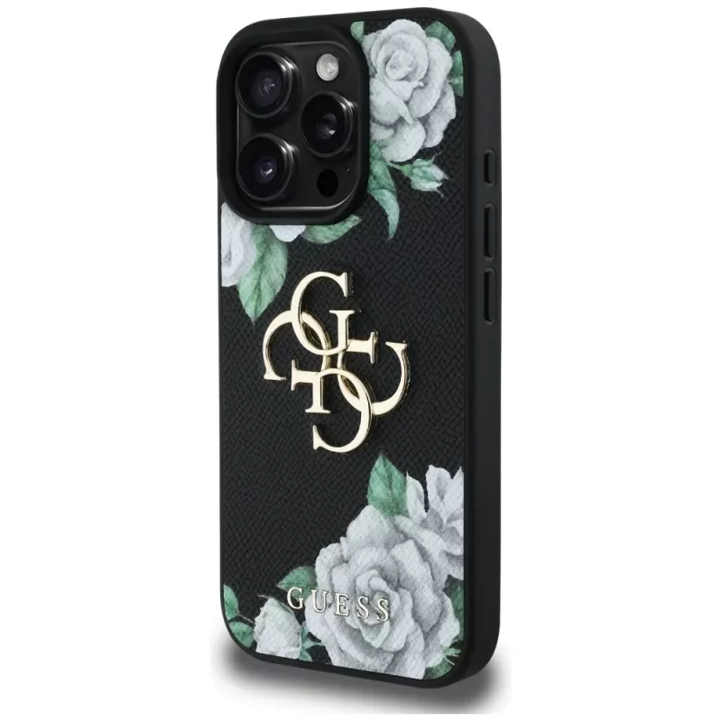Guess Grained Roses Big 4G Logo Case for Apple iPhone 16 Pro, Black