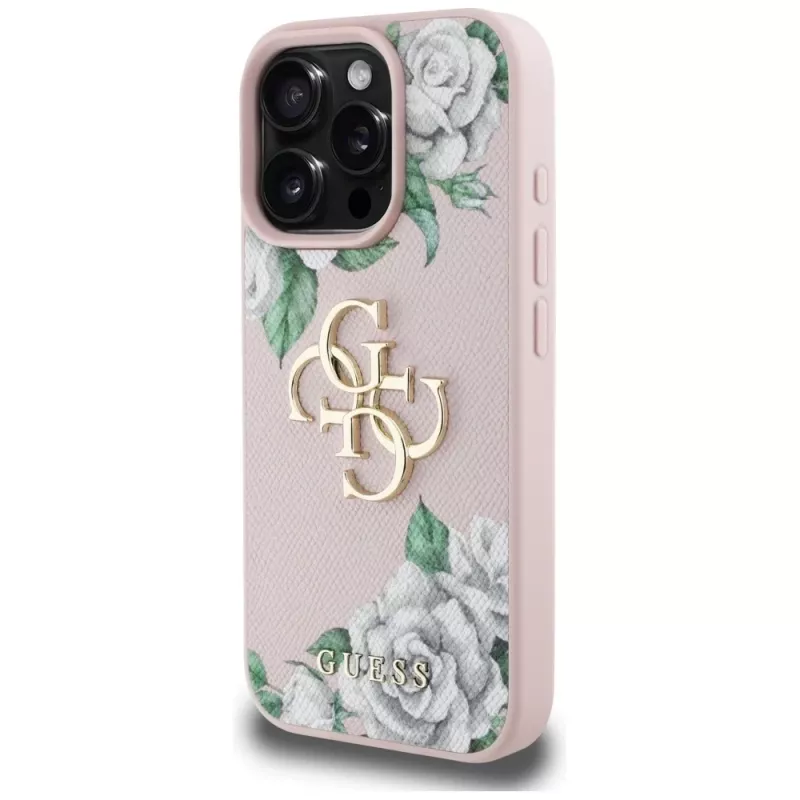 Guess Grained Roses Big 4G Logo Case for Apple iPhone 16 Pro, Pink