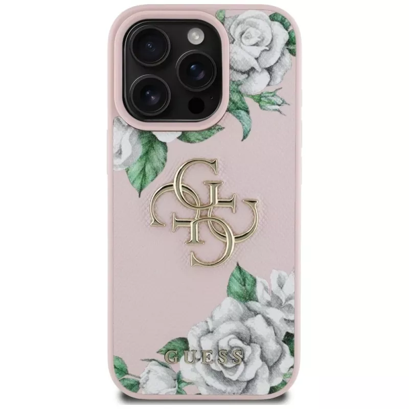 Guess Grained Roses Big 4G Logo Case for Apple iPhone 16 Pro, Pink