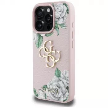 Guess Grained Roses Big 4G Logo Case iPhone 16 Pro Max - Pink