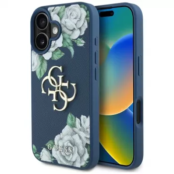 Guess Grained Roses Big 4G Logo Maciņš Apple iPhone 16 - Zils