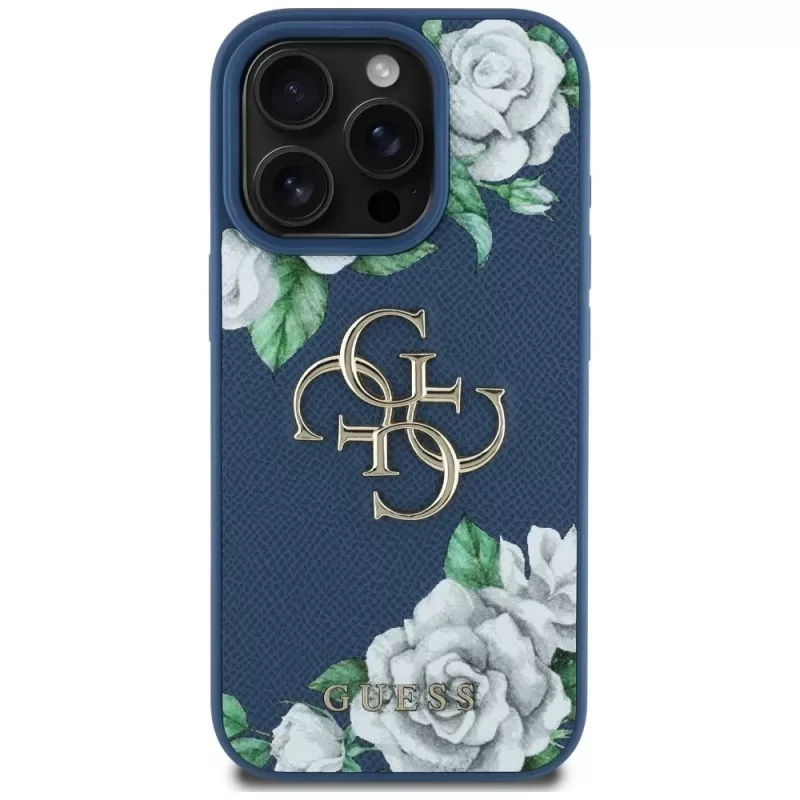 Guess Grained Roses Big 4G Logo Phone Case for iPhone 16 Pro Max, Blue