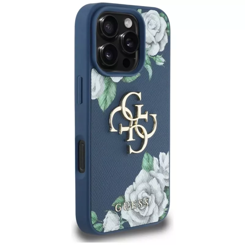 Guess Grained Roses Big 4G Logo Phone Case for iPhone 16 Pro Max, Blue