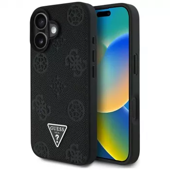 Guess Grained Hot Stamp Peony Triangle Logo MacSafe Macītis iPhone 16 (Melns)