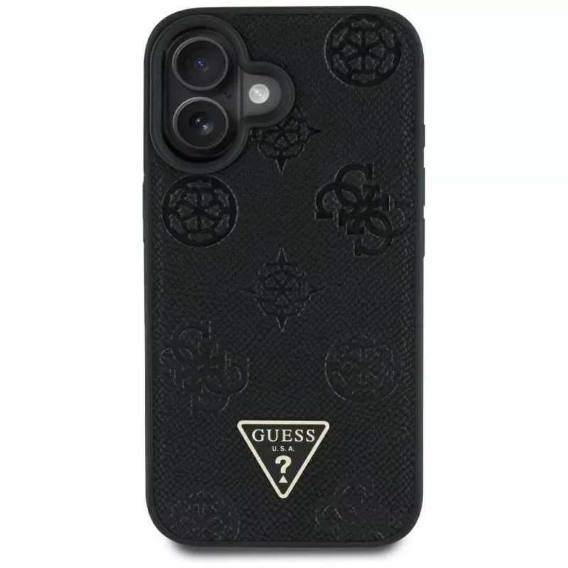 Guess Grained Hot Stamp Peony Triangle Logo MacSafe Macītis iPhone 16 (Melns)