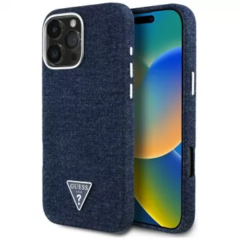 Guess Denim Triangle Logo Macīgs MacSafe Vāciņš iPhone 16 Pro Zils
