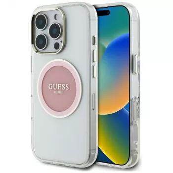 Guess IML Metal Colored Circle Classic Logo MacSafe Macīgs iPhone 16 Pro (Rozā)