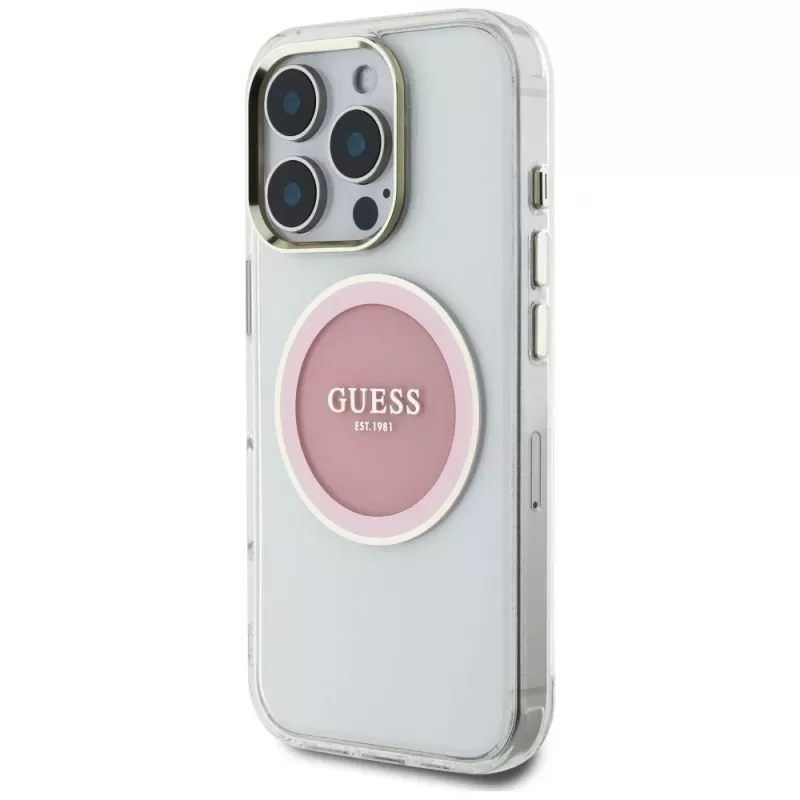Guess IML Metal Colored Circle Classic Logo MacSafe Macīgs iPhone 16 Pro (Rozā)