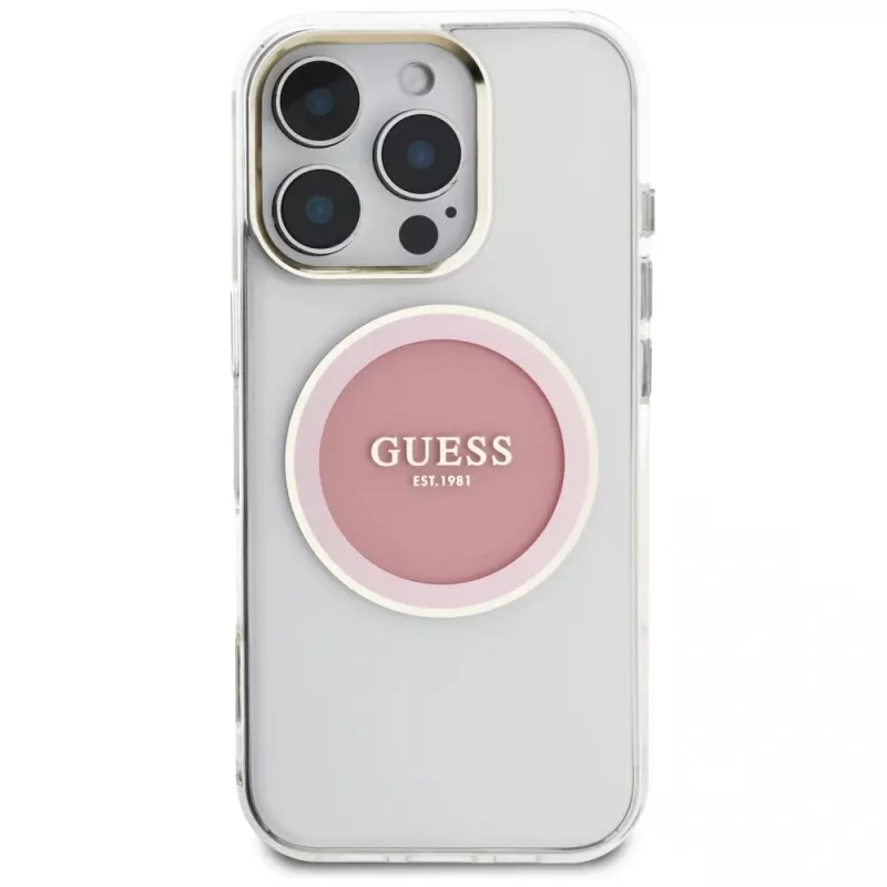 Guess IML Metal Colored Circle Classic Logo MacSafe Macīgs iPhone 16 Pro (Rozā)