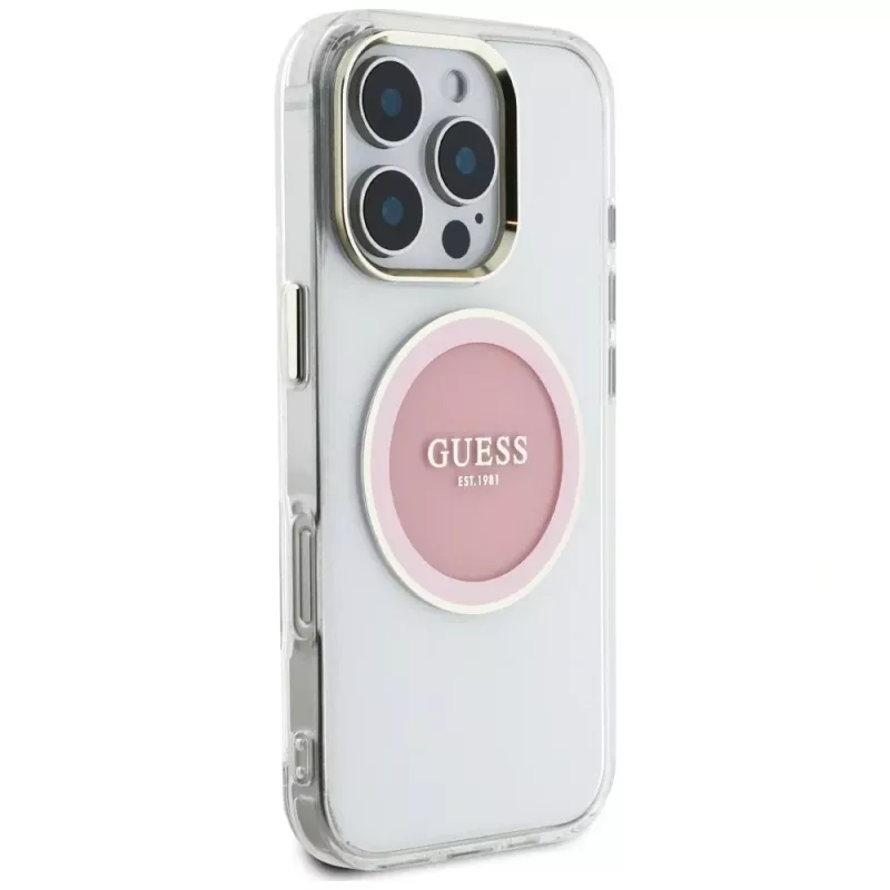 Guess IML Metal Colored Circle Classic Logo MacSafe Macīgs iPhone 16 Pro (Rozā)