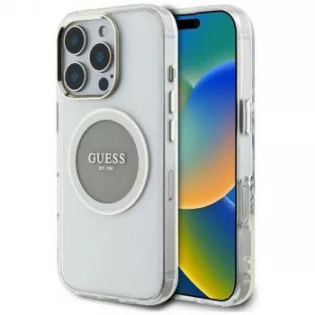 Guess IML Metal Colored Circle Classic Logo MacSafe Macītis iPhone 16 Pro (Pelēks)