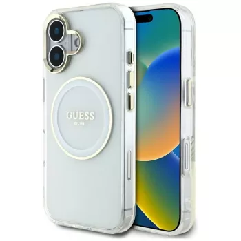 Guess IML Metal Colored Circle Classic Logo MacSafe Macītis iPhone 16 (Balts)