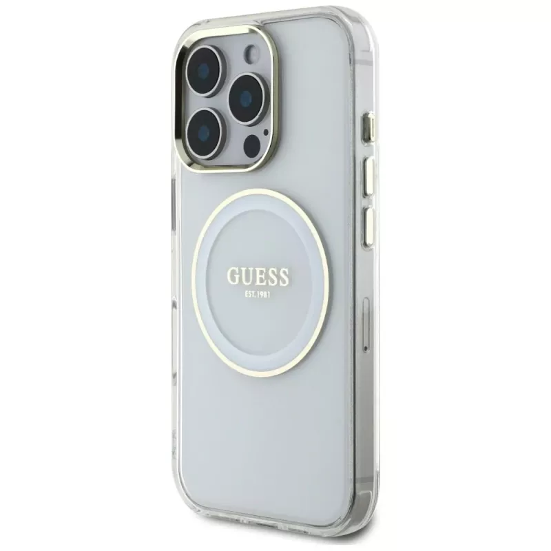 Guess IML Metal Colored Circle Classic Logo MacSafe Macītis iPhone 16 Pro (Balts)