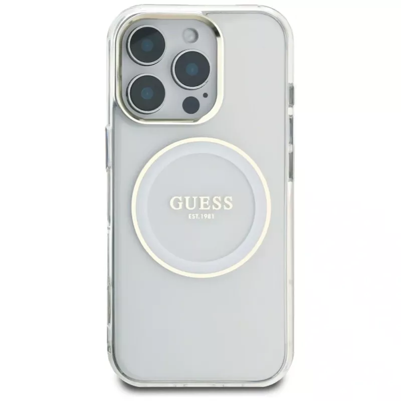 Guess IML Metal Colored Circle Classic Logo MacSafe Macītis iPhone 16 Pro (Balts)
