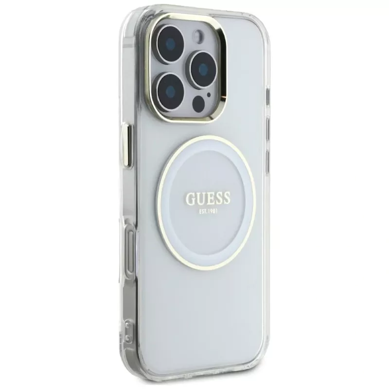 Guess IML Metal Colored Circle Classic Logo MacSafe Macītis iPhone 16 Pro (Balts)