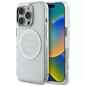 Guess IML Metal Colored Circle Classic Logo MacSafe Macīgs iPhone 16 Pro Max (Balts)