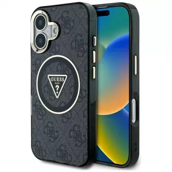 Guess IML Metal Glitter 4G Circle Triangle MagSafe Case for Apple iPhone 16 (Black)
