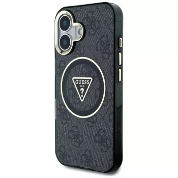 Guess IML Metal Glitter 4G Circle Triangle MagSafe Case for Apple iPhone 16 (Black)