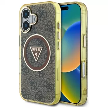 Guess IML Metal Glitter 4G Circle Triangle MacSafe Macītis iPhone 16 (Brūns)