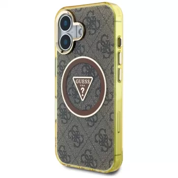 Guess IML Metal Glitter 4G Circle Triangle MacSafe Macītis iPhone 16 (Brūns)