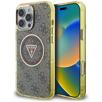 Guess IML Metal Glitter 4G Circle Triangle MagSafe Case for iPhone 16 Pro (Brown)