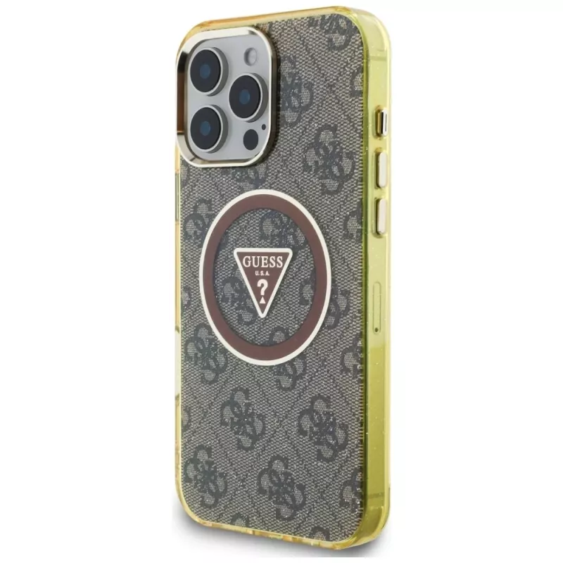 Guess IML Metal Glitter 4G Circle Triangle MagSafe Case for iPhone 16 Pro (Brown)