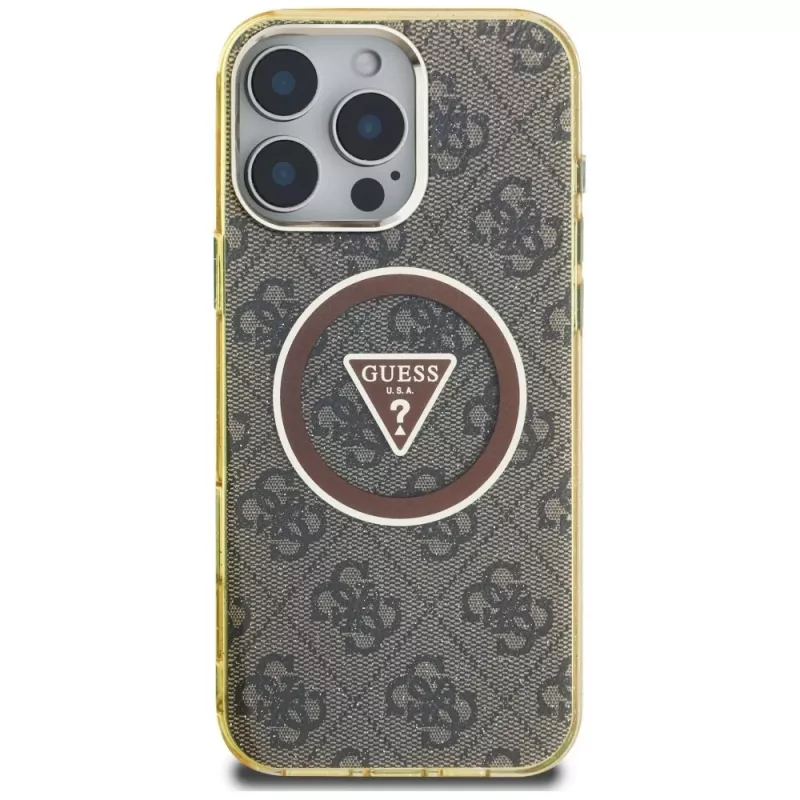Guess IML Metal Glitter 4G Circle Triangle MagSafe Case for iPhone 16 Pro (Brown)