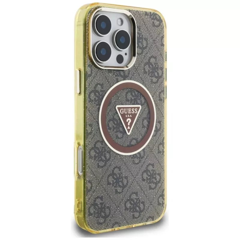 Guess IML Metal Glitter 4G Circle Triangle MagSafe Case for iPhone 16 Pro (Brown)