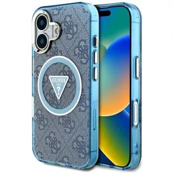 Guess IML Metal Glitter 4G Circle Triangle MagSafe Maciņš iPhone 16 (Zils)