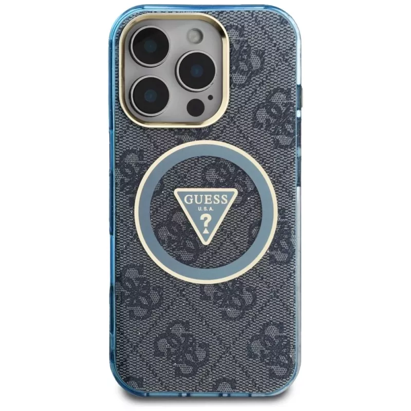 Guess IML Metal Glitter 4G Circle Triangle MagSafe Case iPhone 16 Pro Max (Blue)