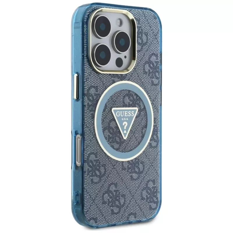 Guess IML Metal Glitter 4G Circle Triangle MagSafe Case iPhone 16 Pro Max (Blue)