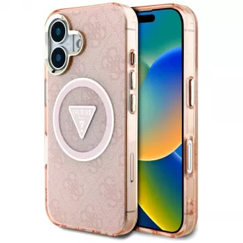 Guess IML Metal Glitter 4G Circle Triangle MagSafe Case iPhone 16 (Rozā)