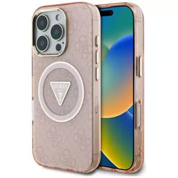Guess IML Metal Glitter 4G Circle Triangle MacSafe macīgs iPhone 16 Pro Max (Rozā)