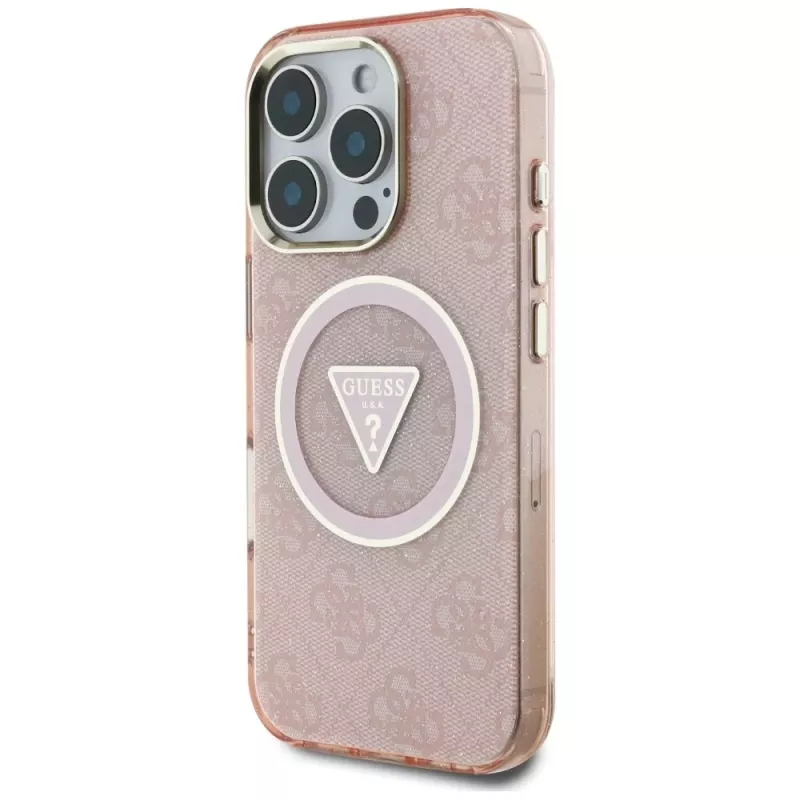 Guess IML Metal Glitter 4G Circle Triangle MacSafe macīgs iPhone 16 Pro Max (Rozā)