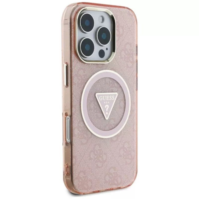 Guess IML Metal Glitter 4G Circle Triangle MacSafe macīgs iPhone 16 Pro Max (Rozā)