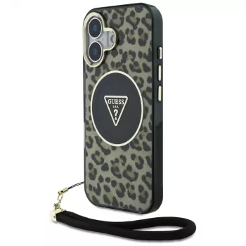 Guess HC IML Leopard Triangle Maciņš iPhone 16 ar Auklu, Brūns, MagSafe