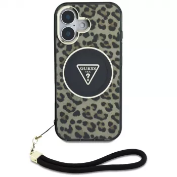 Guess HC IML Leopard Triangle Maciņš iPhone 16 ar Auklu, Brūns, MagSafe